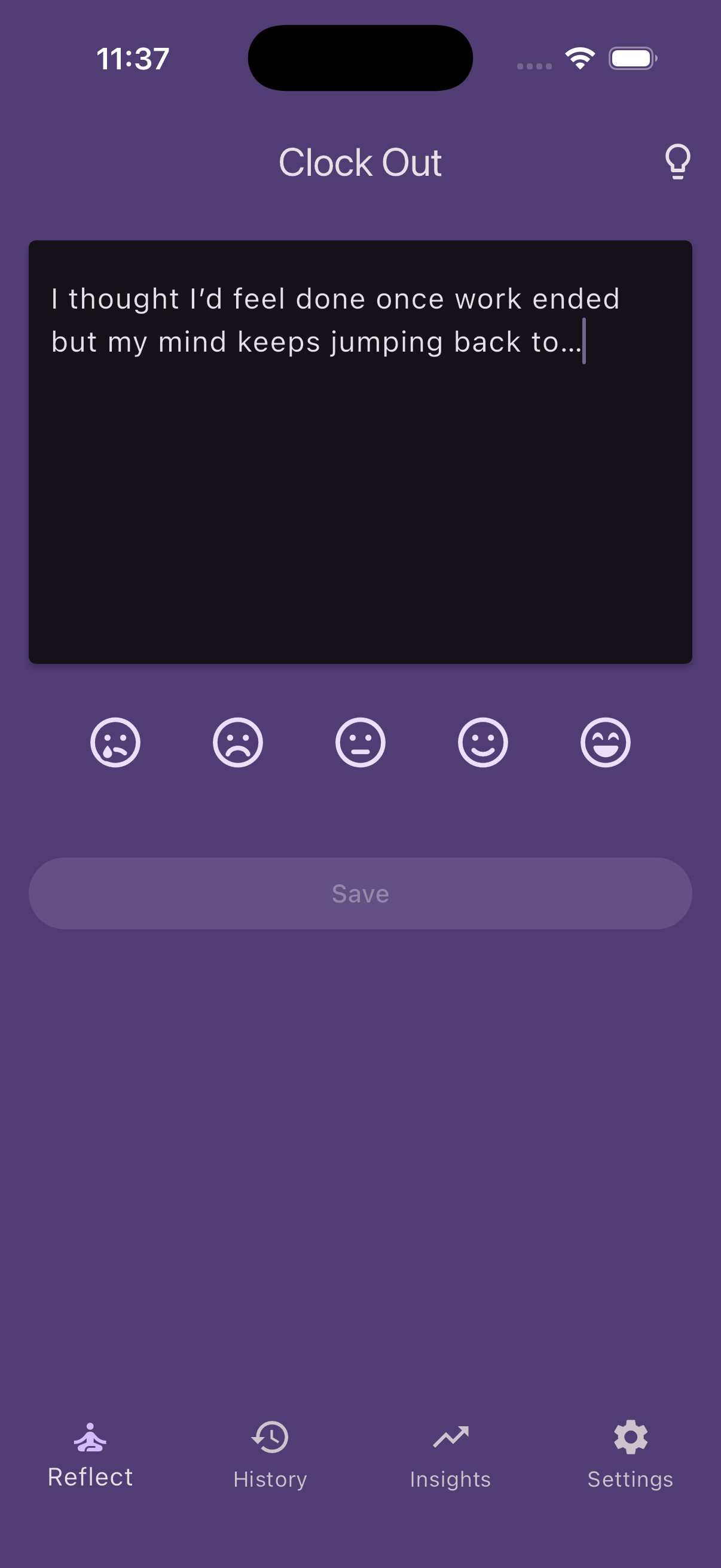 Clock Out writing screen with a partially written entry